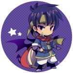  1boy belt blue_shirt border brown_belt brown_headband cape chibi chibi_only closed_mouth demon_boy demon_tail demon_wings fire_emblem fire_emblem:_path_of_radiance full_body headband hooves ike_(fire_emblem) kotorai looking_at_viewer male_focus no_nose purple_background purple_eyes purple_hair red_cape round_border round_image shirt short_hair signature solo standing star_(symbol) tail white_border wings 