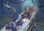  1boy adapted_costume android armored_boots axl_(mega_man) black_footwear boots cable crop_top crotch_plate forehead_jewel glowing glowing_eyes green_eyes medium_hair mega_man_(series) mega_man_x_(series) mega_man_zero_(series) red_helmet solo spiked_hair twitter_username yanfiregreen 