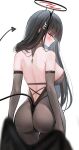  1girl ass back black_gloves black_hair blue_archive blush bodystocking breasts elbow_gloves fake_tail gloves hair_ornament hairclip halo highres large_breasts long_hair looking_at_viewer looking_back malon_(chuan2700) red_eyes rio_(blue_archive) solo tail white_background 