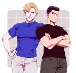  2boys ao_isami bara black_hair blonde_hair cowboy_shot crossed_arms duruko facial_hair hand_on_another&#039;s_shoulder lewis_smith male_focus medium_sideburns multiple_boys pants pectorals side-by-side sideburns_stubble sideways_glance smile stubble thick_eyebrows toned toned_male yuuki_bakuhatsu_bang_bravern 