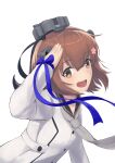  1girl brown_eyes brown_hair cherry_blossoms dress flower grey_neckerchief grey_necktie hair_flower hair_ornament highres kantai_collection long_sleeves looking_at_viewer neckerchief necktie open_mouth round_teeth sailor_dress salute short_hair speaking_tube_headset teeth upper_teeth_only yuki_4040 yukikaze_(kancolle) yukikaze_kai_ni_(kancolle) 