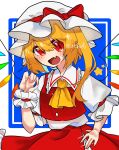  1girl ascot blonde_hair cowboy_shot crystal_wings dress fang flandre_scarlet frills hat highres misoice_ramen mob_cap open_mouth puffy_short_sleeves puffy_sleeves red_dress red_eyes red_ribbon ribbon short_sleeves side_ponytail skin_fang solo touhou wrist_cuffs yellow_ascot 