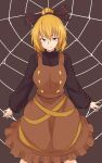  1girl black_background black_bow blonde_hair blush bow breasts brown_dress closed_mouth commentary dress hair_bow highres kakone kurodani_yamame long_sleeves looking_at_viewer one-hour_drawing_challenge silk simple_background smile solo spider_web touhou yellow_eyes 