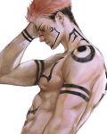  1boy abs body_markings closed_mouth eulbhitomi facial_mark highres jujutsu_kaisen large_pectorals male_focus muscular muscular_male nipples pectorals pink_hair red_eyes ryoumen_sukuna_(jujutsu_kaisen) short_hair simple_background solo upper_body white_background 