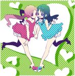  2girls alternate_costume bare_legs blue_bow blue_bracelet blue_dress blue_eyes blue_hair bow closed_mouth collarbone commentary_request dress footwear_bow frilled_dress frills full_body green_background hair_bow hanasaki_tsubomi heads_together heart heart_background heartcatch_precure! high_heels holding_hands kasaki_takao kurumi_erika leg_up light_blush light_frown long_hair looking_at_viewer low_twintails multiple_girls open_mouth partial_commentary petticoat pink_bow pink_dress pink_eyes pink_hair pink_scrunchie polka_dot polka_dot_background polka_dot_bow polka_dot_dress polka_dot_scrunchie precure scrunchie shadow simple_background sleeveless sleeveless_dress smile teeth twintails upper_teeth_only wavy_hair white_footwear wrist_scrunchie 