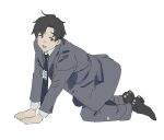  1boy all_fours badge black_hair blue_archive blue_archive_the_animation brown_eyes business_suit commentary dress_shoes english_commentary fikkyun grey_suit necktie sensei_(blue_archive) sensei_(blue_archive_the_animation) simple_background suit white_background 