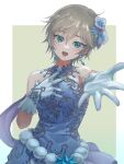  1girl :d anastasia_(idolmaster) bare_shoulders blue_dress blue_eyes blue_flower blue_gloves commentary_request dress earrings flower gloves grey_hair hair_flower hair_ornament highres idolmaster idolmaster_cinderella_girls idolmaster_cinderella_girls_starlight_stage jewelry momohal open_mouth outstretched_hand revision short_hair simple_background sleeveless sleeveless_dress smile solo two-tone_background white_background 