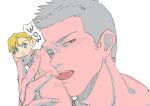  2boys :&lt; ao_isami artist_request black_hair blonde_hair blush couple english_text facial_hair fellatio highres lewis_smith licking licking_penis looking_at_viewer male_focus medium_sideburns multiple_boys muted_color oral penis pov pov_crotch saliva sideburns_stubble stubble thick_eyebrows toned toned_male tongue tongue_out yaoi yuuki_bakuhatsu_bang_bravern 
