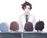  1boy 4girls black_hair black_necktie blue_archive blue_archive_the_animation brown_hair closed_mouth collared_shirt commentary_request drum_(container) grey_eyes grey_hair hair_bun halo ichihi_(spinon) in_container lanyard looking_at_viewer male_focus miyako_(blue_archive) miyu_(blue_archive) moe_(blue_archive) multiple_girls necktie rabbit_platoon_(blue_archive) saki_(blue_archive) scene_reference sensei_(blue_archive) sensei_(blue_archive_the_animation) shirt short_hair simple_background smile solo_focus white_background white_shirt 