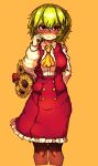  absurdres ascot blush closed_mouth commentary flower green_hair highres kazami_yuuka long_sleeves looking_at_viewer orange_background rampa93 red_eyes red_skirt red_vest shirt short_hair simple_background skirt sunflower touhou vest white_shirt yellow_ascot 