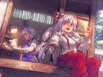  arm_support blue_hair book_stack breasts desk desk_lamp fujiwara_no_mokou hair_ribbon hat huge_breasts kamishirasawa_keine lamp large_breasts light_bulb long_hair long_sleeves looking_at_another looking_to_the_side melon22 multicolored_hair multiple_girls open_mouth pants profile red_eyes red_pants ribbon shirt short_sleeves silver_hair sitting smile suspenders touhou tress_ribbon very_long_hair white_shirt writing 