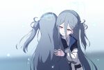  &lt;key&gt;_(blue_archive) 2girls absurdly_long_hair absurdres aqua_halo aris_(blue_archive) black_hair black_hairband blue_archive blue_necktie collared_shirt commentary_request gradient_background grey_background grey_hair hairband halo highres hug jacket kiroshi korean_commentary long_hair long_sleeves multiple_girls necktie one_side_up open_mouth partial_commentary red_eyes sad shirt upper_body very_long_hair white_background white_jacket white_shirt 