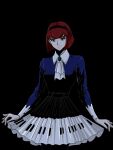  1girl ascot black_dress black_eyes black_hairband bob_cut bright_pupils dress hairband highres looking_at_viewer megadeus_mommy pale_skin piano_keys r_dorothy_wayneright red_hair short_hair solo the_big_o 