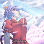  blue_hair cherry_blossoms commentary_request h-new hair_ornament looking_up petals red_eyes short_hair solo touhou wind yasaka_kanako 