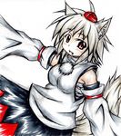  animal_ears bare_shoulders blush breasts detached_sleeves fang hat highres inte_(whitewolftail) inubashiri_momiji looking_at_viewer medium_breasts open_mouth pom_pom_(clothes) red_eyes sarashi short_hair silver_hair simple_background solo tail tokin_hat touhou white_background wolf_ears wolf_tail 