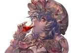  adapted_costume alcohol alternate_costume aritoki_ritsu blue_hair bow capelet cup drinking drinking_glass face fingernails hat hat_ribbon lips long_fingernails mob_cap parted_lips red_eyes remilia_scarlet ribbon short_hair simple_background solo touhou white_background wine wine_glass wrist_cuffs 