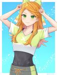  1girl bow crop_top etie_(fire_emblem) fire_emblem fire_emblem_engage green_bow green_eyes green_shirt highres looking_at_viewer orange_hair oyusame shirt smile swept_bangs training_outfit_(fire_emblem_engage) workout_clothes 