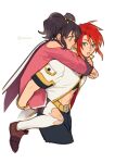  1boy 1girl abs anise_tatlin black_hair blue_eyes brown_footwear cape carrying coat commentary_request gold_trim luke_fon_fabre medium_hair meiji_(pecosyr5) open_mouth piggyback red_hair shoes simple_background tales_of_(series) tales_of_the_abyss thighhighs torn_clothes torn_thighhighs twintails white_background white_cape white_coat white_thighhighs 