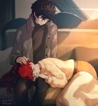  1boy 1girl amamiya_ren black_hair blanket glasses hand_on_another&#039;s_head headpat highres jacket lap_pillow long_hair lying lying_on_lap mia_cbx open_clothes open_jacket persona persona_5 persona_5_the_royal ponytail red_hair short_hair sleeping sleeping_on_person smile yoshizawa_kasumi 