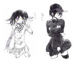  ._(deepblue27) 2girls arm_belt arm_under_breasts baseball_cap belt black_hair black_hat black_jacket black_scarf black_skirt black_sleeves black_thighhighs breasts buttons chain checkered_clothes checkered_scarf clenched_hand clenched_teeth collared_jacket collared_shirt commentary_request cropped_legs danganronpa_(series) danganronpa_v3:_killing_harmony double-breasted eyelashes flying_sweatdrops genderswap genderswap_(mtf) hair_between_eyes hair_over_one_eye hand_up hat high_collar holding_own_arm jacket large_breasts layered_sleeves light_blush microscope multiple_girls oma_kokichi one-eyed open_mouth parted_lips pinstripe_jacket pinstripe_pattern pinstripe_skirt pleated_skirt pocket purple_eyes ribbed_legwear saihara_shuichi scarf shirt short_hair short_twintails simple_background single_thighhigh skirt skirt_set smile sweatdrop teeth thighhighs twintails two-tone_scarf vertical-striped_sleeves waving white_background white_belt white_jacket white_scarf white_shirt white_skirt white_sleeves white_thighhighs yellow_eyes 