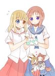  animal_ears bad_id bad_pixiv_id blonde_hair blue_eyes blue_skirt blush bunny_ears couple fox_ears fud fukuji_mihoko handheld_game_console heterochromia kazekoshi_school_uniform kiyosumi_school_uniform multiple_girls nintendo_3ds pleated_skirt red_hair saki school_uniform serafuku shirt short_hair short_sleeves simple_background skirt standing tail takei_hisa white_background white_shirt yuri 