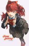  1girl absurdres birthday double_v hair_ribbon happy_birthday highres long_hair long_sleeves looking_at_viewer ooc_(sylyaoh) open_mouth pantyhose persona persona_5 persona_5_the_royal plaid plaid_skirt ponytail red_eyes red_hair ribbon school_uniform shuujin_academy_school_uniform simple_background skirt smile solo teeth upper_teeth_only v yoshizawa_kasumi 