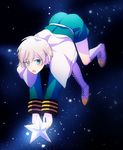 belt blue_eyes boots capelet child floating kakumeiki_valvrave male_focus military military_uniform open_mouth sana423 shorts silver_hair sky solo spoilers star star_(sky) starry_sky the_prince_(kakumeiki_valvrave) uniform 