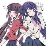  2girls blue_eyes blue_hair blue_sailor_collar blunt_bangs blush bow bowtie brown_hair d: danganronpa:_trigger_happy_havoc danganronpa_(series) danganronpa_v3:_killing_harmony from_side grey_shirt hair_ornament hair_scrunchie hairclip hand_up harukawa_maki highres long_hair long_sleeves looking_at_viewer low_twintails maizono_sayaka mole mole_under_eye multiple_girls musical_note pink_bow pleated_skirt red_eyes red_scrunchie red_shirt sailor_collar satori_(aosky9077) school_uniform scrunchie shirt skirt smile standing sweat twintails 