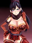  black_hair blue_eyes breasts cleavage elbow_gloves gloves high_ponytail large_breasts lian_shi light_smile long_hair looking_at_viewer megane_man sangoku_musou shin_sangoku_musou_6 smile solo 