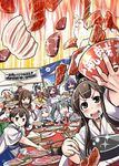  akagi_(kantai_collection) animal animal_on_head bowl brown_eyes brown_hair cat cat_on_head check_translation chopsticks closed_eyes curry drooling eating fish food houshou_(kantai_collection) inazuma_(kantai_collection) japanese_clothes kaga_(kantai_collection) kantai_collection long_hair mamiya_(kantai_collection) meat multiple_girls muneate musashi_(kantai_collection) omurice on_head one_eye_closed open_mouth plasma-chan_(kantai_collection) red_eyes rice rice_bowl sakazaki_freddy short_hair shoukaku_(kantai_collection) smile taigei_(kantai_collection) translation_request yakiniku yamato_(kantai_collection) zuikaku_(kantai_collection) 