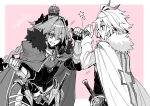  2boys alternate_costume alternate_hair_color antenna_hair astolfo_(fate) astolfo_(fate)_(cosplay) black_bow black_vest bow braid cape command_spell cosplay crown dress_shirt fang fate/apocrypha fate/grand_order fate_(series) fist_bump fur-trimmed_cape fur_trim gauntlets gold_trim gorget greyscale_with_colored_background grin hair_between_eyes hair_bow hair_intakes haoro horn_(instrument) light_blush male_focus mini_crown multiple_boys official_alternate_costume one_eye_closed otoko_no_ko pink_background shirt sieg_(fate) signature single_braid smile star_(symbol) sword upper_body vest weapon white_cape white_hair white_shirt 