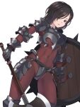  1girl armor axe berengaria_(unicorn_overlord) bikini_armor bodysuit brown_hair covered_navel highres holding holding_axe holding_shield itakama looking_at_viewer red_bodysuit red_eyes shield skin_tight spiked_armor unicorn_overlord 