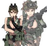  1girl ammunition_pouch assault_rifle bikini bikini_top_only black_bikini blue_eyes breasts brown_hair brown_pantyhose clenched_teeth colt_commando cowboy_shot flashbang flashlight gloves green_eyes green_gloves gun highres holding holding_gun holding_weapon holster knife korean_text large_breasts load_bearing_equipment looking_ahead metal_gear_(series) metal_gear_solid_v:_the_phantom_pain mole mole_on_breast muzzle_device night_vision_device open_mouth pantyhose pouch quiet_(metal_gear) rifle sanpaku simple_background smoke_grenade solo swimsuit teeth thigh_holster torn_clothes torn_pantyhose wani_(perfect_han) weapon white_background 