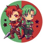  2boys abel_(fire_emblem) armor belt blush border brown_belt brown_gloves cain_(fire_emblem:_shadow_dragon) chibi chibi_only clenched_hand closed_mouth fingerless_gloves fire_emblem fire_emblem:_shadow_dragon_and_the_blade_of_light full_body gloves green_armor green_eyes green_gloves green_hair grin kotorai male_focus multiple_boys no_nose red_armor red_eyes red_hair round_border round_image short_hair smile star_(symbol) white_border 