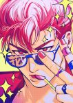  1boy bandaid bandaid_on_hand candy food food_in_mouth highres jewelry lollipop male_focus multiple_rings nail_polish om3632f open_mouth pink_nails red_hair ring sakuragi_hanamichi short_hair slam_dunk_(series) solo star_(symbol) sunglasses twitter_username v 