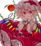  1girl apple blonde_hair bound bound_wrists crystal_wings cuffs dress flandre_scarlet food frills fruit hands_on_own_cheeks hands_on_own_face hat hat_ribbon highres misoice_ramen mob_cap plant red_dress red_eyes red_ribbon ribbon side_ponytail simple_background solo touhou vines white_background 