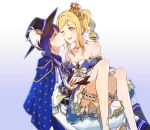  2girls bare_shoulders black_gloves black_hat blonde_hair blue_background blue_hair blush braid breasts cleavage closed_eyes collarbone commentary_request crown crown_braid detached_sleeves gloves gradient_background highres holding_hands kiss kissing_cheek love_live! love_live!_sunshine!! matsuura_kanan mini_crown multiple_girls nyasa ohara_mari one_eye_closed pants pink_theme single_hair_ring sitting sitting_on_lap sitting_on_person smile striped_clothes striped_thighhighs thighhighs white_background white_pants yellow_eyes yuri 