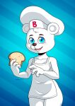 absurd_res anthro apron apron_only areola areola_slip artidemonboy bear bimbo_(bakery) bimbo_bear blue_background blue_eyes blush blush_lines bread breasts chef_hat clothing eyelashes female food fur hat headgear headwear hi_res holding_bread holding_food holding_object looking_at_viewer mammal open_mouth open_smile pattern_background pink_areola side_boob simple_background small_breasts smile solo striped_background thick_thighs white_body white_fur wide_hips