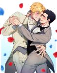  2boys ao_isami black_hair black_vest blonde_hair blush bow bowtie closed_eyes collared_shirt couple crazy_kinoko falling_petals grey_jacket grey_pants grey_vest highres jacket lewis_smith male_focus multiple_boys pants petals shirt short_hair smile vest white_jacket white_shirt yaoi yuuki_bakuhatsu_bang_bravern 