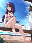  2girls absurdres barefoot bikini blue_sky blush breasts closed_mouth cloud commentary_request day dorsiflexion feet genshin_impact hair_ornament highres legs long_hair looking_at_viewer lumine_(genshin_impact) multiple_girls pool purple_bikini purple_eyes purple_hair radoremo raiden_shogun short_sleeves shrug_(clothing) sitting sky swimsuit thighs toenails toes very_long_hair 