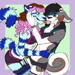  black_hair blue_fur border border_collie bra canine couple dog duo feline female fishnet fur gloves_(marking) green_eyes hair kissing lesbian licking mammal markings panties pink_hair tiger tongue tongue_out underwear yellow_eyes 