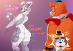 absurd_res animatronic anthro anus_outline artidemonboy ass_clapping bear big_breasts big_butt black_eyes blue_eyes bodily_fluids breasts buckteeth butt buttplug buttplug_tail clothing costume cotton_tail dialogue duo ear_piercing ear_ring eyelashes facial_markings fake_tail fangs female five_nights_at_freddy&#039;s five_nights_at_freddy&#039;s:_security_breach fur fursuit glamrock_freddy grey_body grey_fur hat head_markings headgear headwear heart_symbol hi_res holding_buttplug holding_object holding_sex_toy human lagomorph leporid looking_back machine male mammal markings open_mouth open_smile orange_body piercing plug_(sex_toy) purple_background rabbit rear_view red_sclera ring_piercing robot scottgames seam_(sewing) sex_toy shoulder_pads simple_background smile steel_wool_studios stitch_(sewing) studded_bracelet sweat sweatdrop tan_body teeth text thick_thighs top_hat vanessa_(fnaf) vanny_(fnaf) whiskers wide_hips