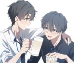  2boys alcohol beer beer_mug black_eyes black_hair black_necktie black_shirt blue_archive blue_archive_the_animation blush collared_shirt cup glasses holding holding_cup male_focus mug multiple_boys necktie open_mouth problem_solver_sensei_(blue_archive) sensei_(blue_archive) sensei_(blue_archive_the_animation) shirt short_hair short_sleeves simple_background smile sumutemu white_background white_shirt 