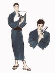  1boy akaashi_keiji black_eyes black_hair blue_kimono chengongzi123 closed_eyes closed_mouth commentary full_body geta haikyuu!! hand_fan hands_up highres holding holding_fan japanese_clothes kimono long_sleeves looking_at_viewer male_focus multiple_views paper_fan sandals short_hair simple_background smile sumi-e symbol-only_commentary upper_body very_short_hair white_background wide_sleeves 