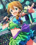  :d aqua_eyes audience baba_konomi brown_hair idolmaster idolmaster_million_live! microphone music navel official_art open_mouth pointing pose singing skirt smile solo v-shaped_eyebrows wireless 