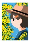  1other black_eyes blue_background blue_shirt brown_hair flower from_side hair_ornament hairclip hat highres mimosa_(flower) no_mouth no_nose original overalls profile shirt short_hair shouronpou_sho signature solo straw_hat 