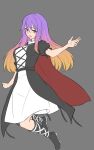  1girl black_dress black_footwear boots breasts brown_hair cape commentary cross-laced_clothes dress full_body gradient_hair grey_background highres hijiri_byakuren kakone layered_clothes long_hair looking_at_viewer multicolored_hair one-hour_drawing_challenge open_mouth purple_eyes purple_hair short_sleeves sidelocks simple_background solo touhou white_dress 