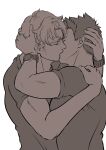  2boys ao_isami bara blush brown_theme couple dorojiai facial_hair french_kiss hand_on_another&#039;s_head highres kiss lewis_smith male_focus medium_sideburns monochrome multiple_boys pectorals shirt sideburns_stubble stubble t-shirt thick_eyebrows toned toned_male upper_body yaoi yuuki_bakuhatsu_bang_bravern 