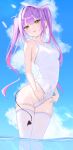  1girl absurdres bare_shoulders blush breasts colored_inner_hair covered_navel day demon_tail green_eyes highres hololive long_hair looking_at_viewer multicolored_hair one-piece_swimsuit open_mouth outdoors pink_hair purple_hair red_o7 small_breasts smile solo streaked_hair swimsuit tail thighhighs thighs tokoyami_towa virtual_youtuber white_one-piece_swimsuit white_thighhighs 