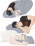  2boys akaashi_keiji black_eyes black_hair black_shirt blanket bokuto_koutarou chengongzi123 closed_mouth commentary facing_another grey_hair haikyuu!! highres looking_at_viewer lying male_focus multicolored_hair multiple_boys on_side open_mouth pillow shirt short_hair short_sleeves simple_background smile streaked_hair symbol-only_commentary under_covers upper_body very_short_hair white_background white_shirt yaoi yellow_eyes 